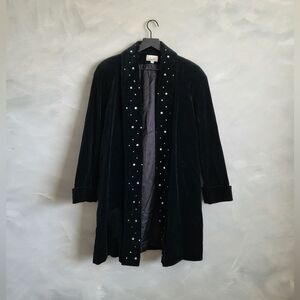 Lorovi Made in USA Velvet Trench Rhinestone Lined Collar Midi Black Jacket Sz M